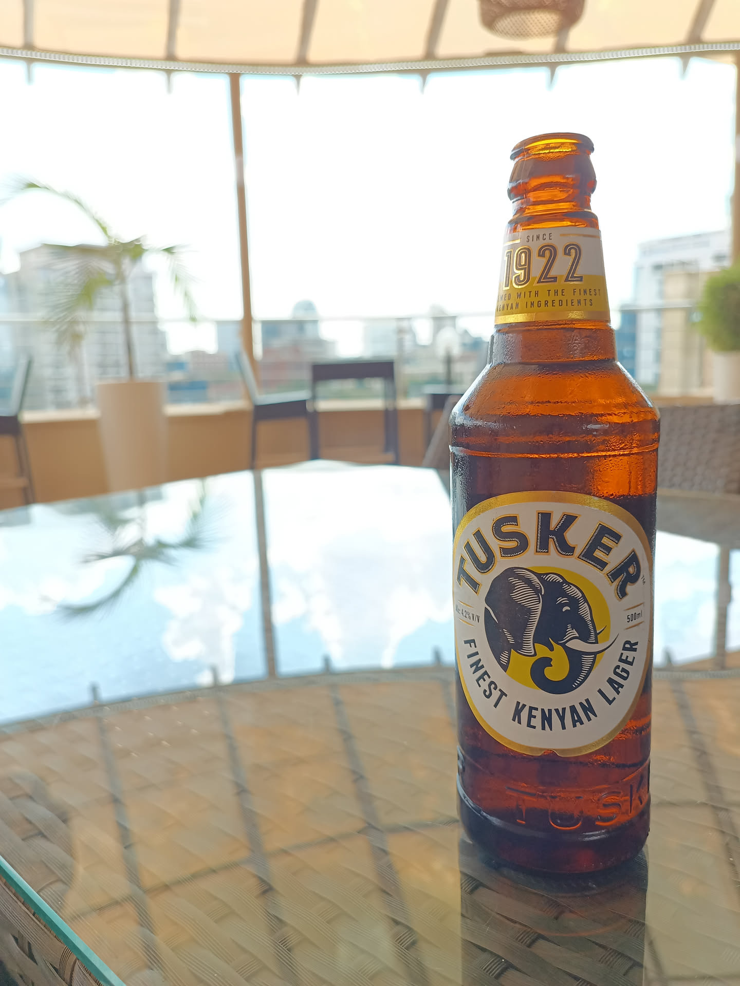 Cerveza Tusker bien fría sobre una mesa, con vistas a Nairobi al fondo