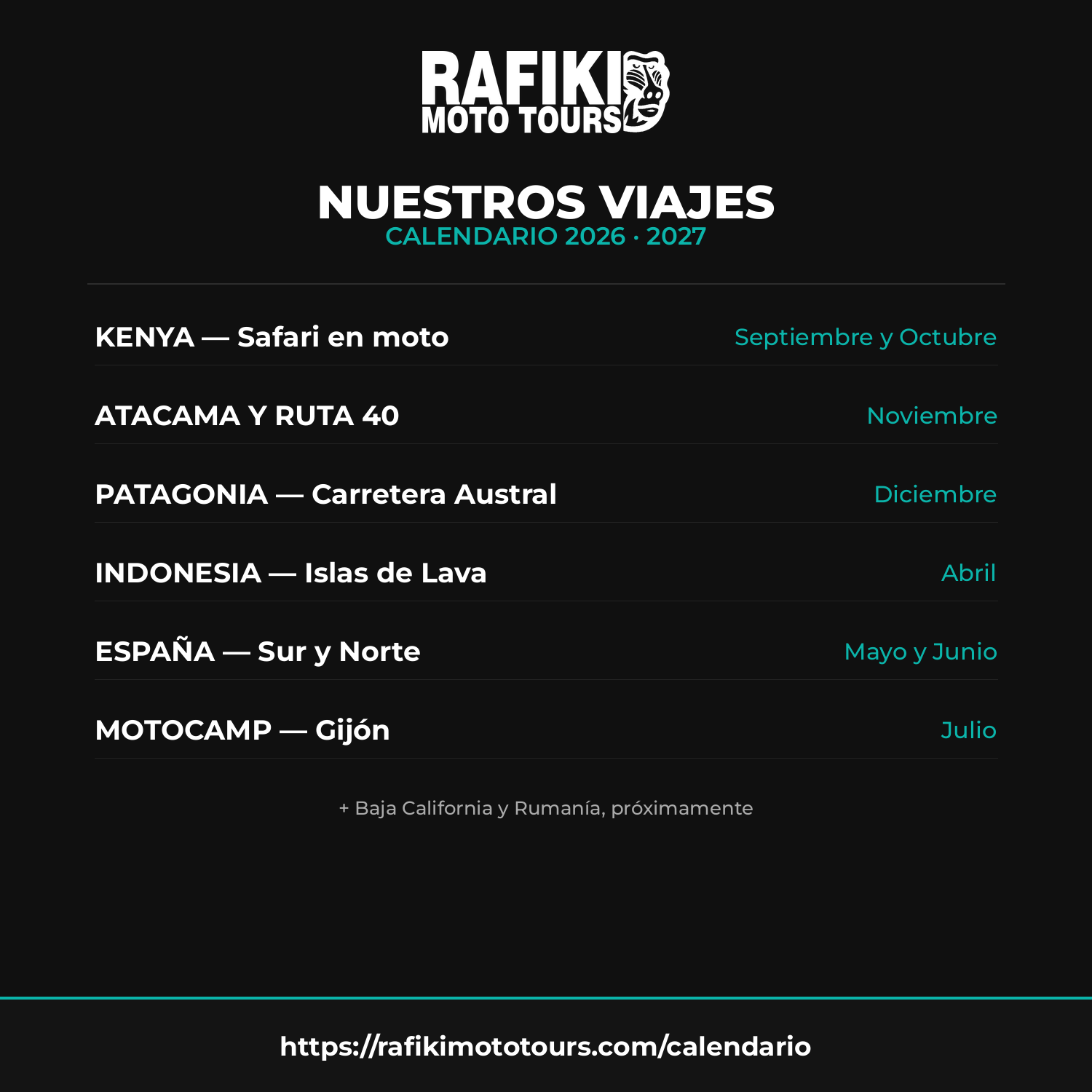 Calendario de viajes RAFIKI 2026-2027