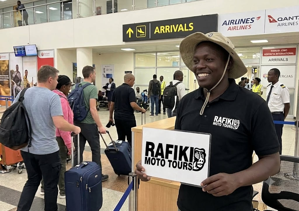 Joseph, del equipo RAFIKI, esperando en llegadas del aeropuerto de Nairobi con un cartel de RAFIKI Moto Tours